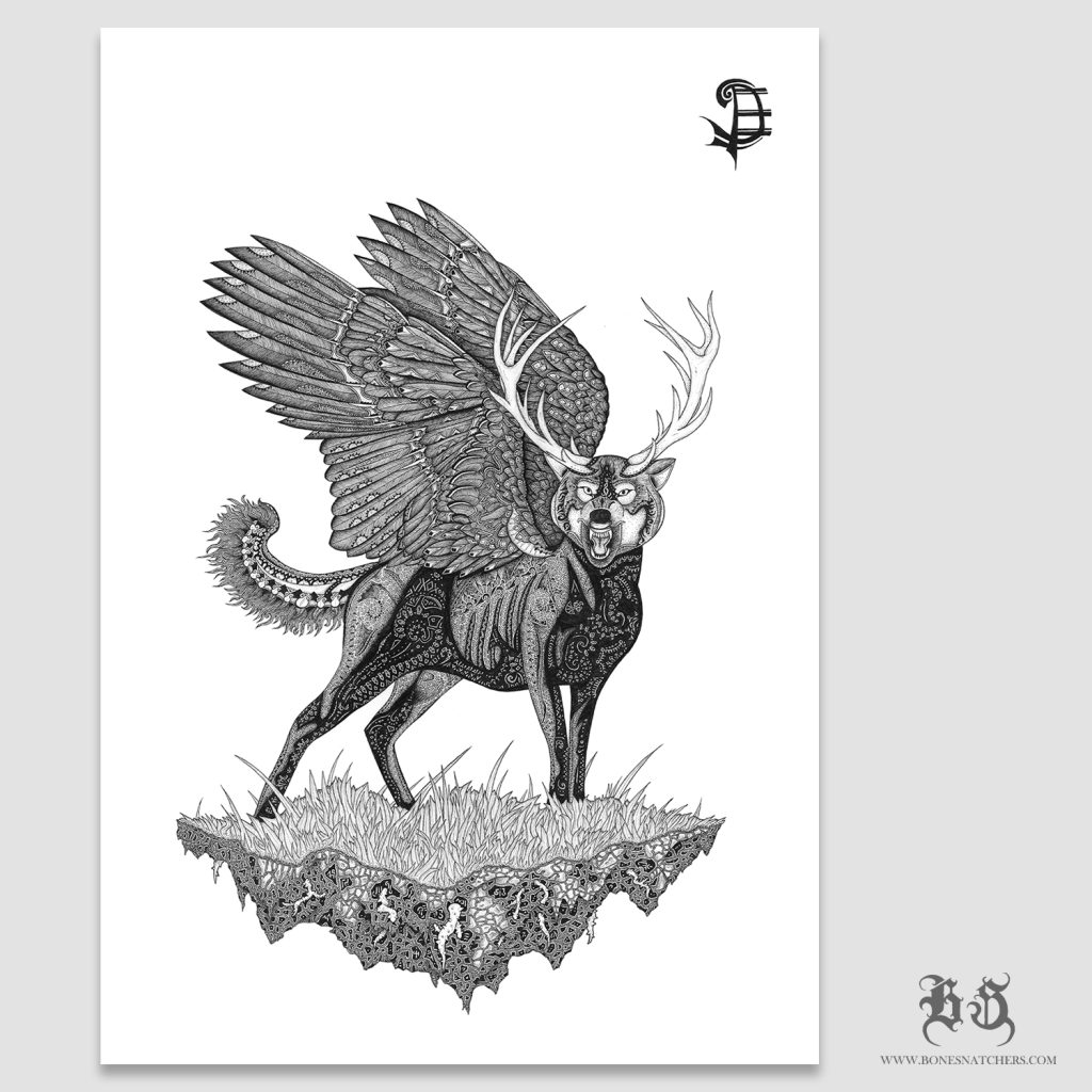 Zīmējuma prints "Deercatwolfowl"